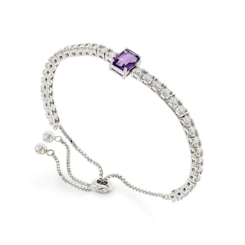 Purple Amethyst with Moissanite Accents Rhodium Over Sterling Silver Bracelet