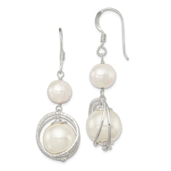 Sterling Silver Polished and Textured Freshwater Cultured Pearl and
Shell Pearl Dangle Earrings