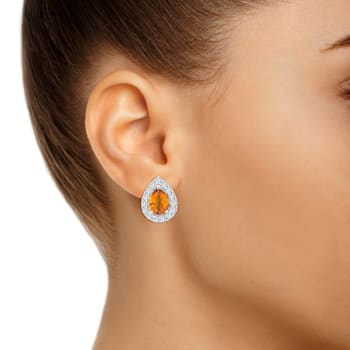 8x5mm Pear Shape Citrine And White Topaz Accent Rhodium Over Sterling
Silver Halo Stud Earrings