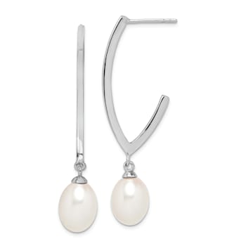 Rhodium Over Sterling Silver 8-9mm White Rice Freshwater Cultured Pearl Earrings