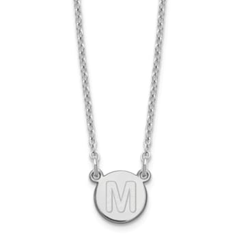 Rhodium Over Sterling Silver Tiny Circle Block Letter M Initial Necklace