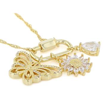 CZ Butterfly And Flower Charm Necklace In 18K Gold Over Brass 3.27ctw