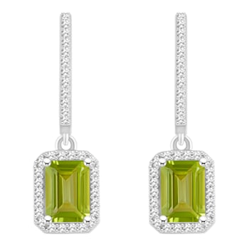 7x5mm Emerald Cut Peridot 1/3 ctw Diamond Rhodium Over Sterling Silver
Halo Dangle Earrings
