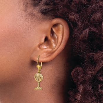 14K Yellow Gold Textured Palm Tree Dangle Earrings