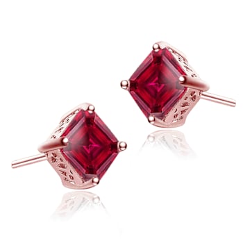 Ruby Color CZ Princess-Cut Stud Earrings In 18K Rose Gold Over Sterling Silver