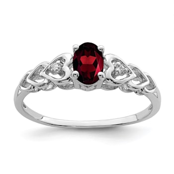 Rhodium Over Sterling Silver Garnet and Diamond Ring