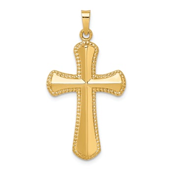 14k Yellow Gold Polished Beaded Edge Cross Pendant