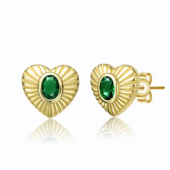 Emerald Color CZ Heart Stud Earrings In 14K Gold Over Sterling Silver