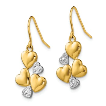 14k Yellow Gold and Rhodium Over 14k Yellow Gold Polished Hearts Dangle Earrings