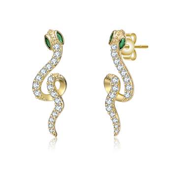 Emerald Color CZ Snake Drop Earrings In 14K Gold Over Brass