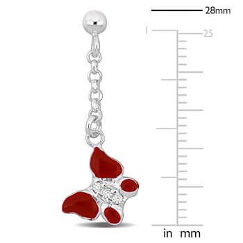 Children's Cubic Zirconia Red Enamel Butterfly Drop Earrings in Sterling Silver