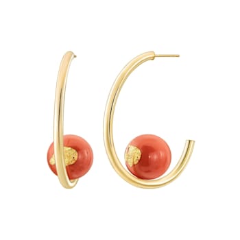 14K Yellow Gold Over Sterling Silver Beaded Red Acrylic Hoops