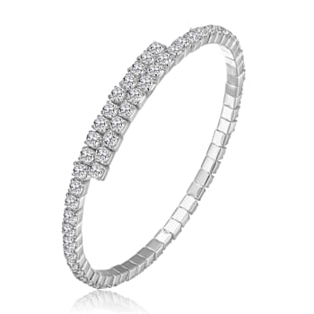 Bypass CZ Tennis Bracelet In White Rhodium Over Brass