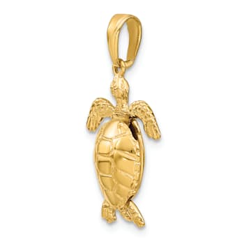 14k Yellow Gold Solid 3D Polished and Textured Moveable Turtle Pendant