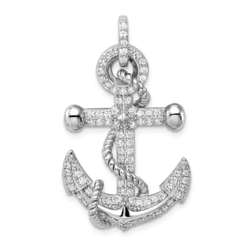 Rhodium Over Sterling Silver Cubic Zirconia Anchor Pendant