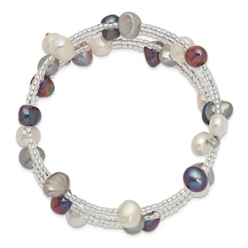 Sterling Silver 7-8mm Blk/Gry/Wht Baroque FWC Pearl and Glass Beaded
3-row Coil Slip-on Bangle