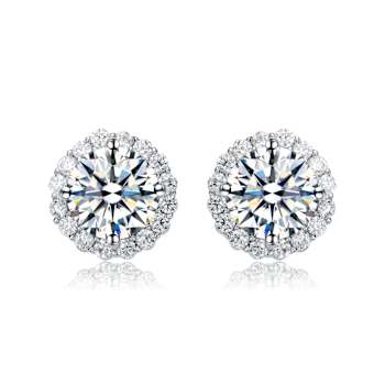 CZ Halo Stud Earrings In White Rhodium Over Brass
