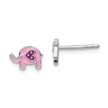 Rhodium Over Sterling Silver Childs Enameled Pink Elephant Post Earrings