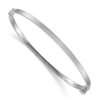 Rhodium Over 14k White Gold 3mm Polished Textured Hinged Bangle