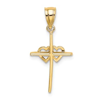 14K Yellow Gold Polished Double Hearts On Stick Cross Charm Pendant