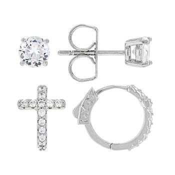 CZ Cross Huggie And Stud Earring Set In Gold-Tone Brass