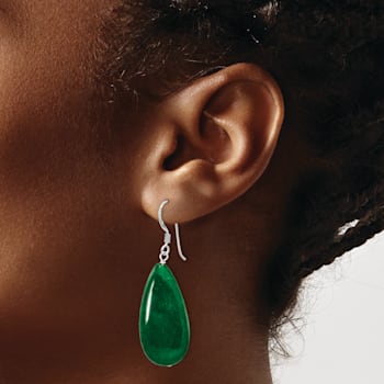 Sterling Silver Polished Green Jadeite Teardrop Dangle Earrings