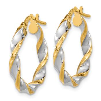 14k Two-tone 7/8" Polished and Twist Hoop Earrings