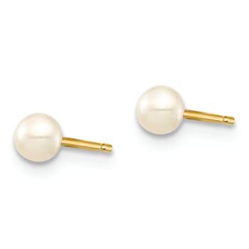 14K Yellow Gold 3-4mm White Button Freshwater Cultured Pearl Stud Post Earrings