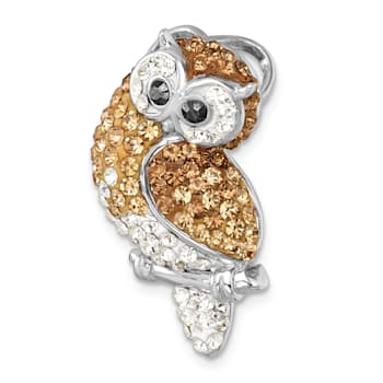 Rhodium Over Sterling Silver Polished Crystal Owl Slide Pendant