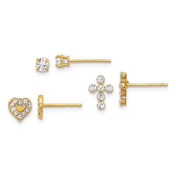 14k Yellow Gold Polished Cubic Zirconia Cross, 5.5mm Heart and 3.5mm
Stud Earring Set
