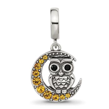 Sterling Silver Crystal Owl Sitting On Moon Dangle Bead