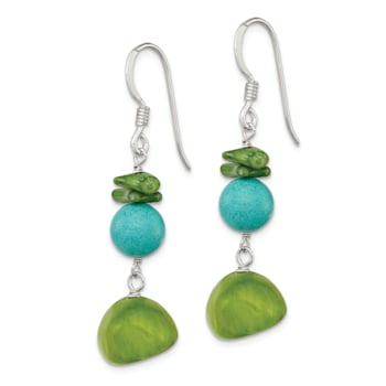 Sterling Silver Jadeite, Green Coral, Blue Dyed Howlite Dangle Earrings