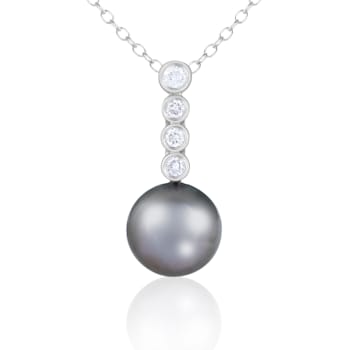 Black Cultured Tahitian Pearl and Diamond 14K White Gold Pendant 9-10mm