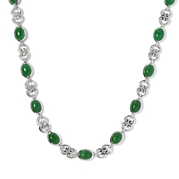 Sterling Silver Oval Green Jadeite and White Zircon Necklace 13.38ctw