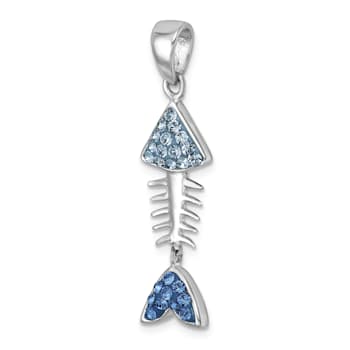 Rhodium Over Sterling Silver Moveable Blue Crystal Bonefish Pendant
