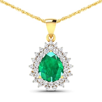 2.85ctw 14K Yellow Gold Zambian Emerald and White Diamond Pendant with
18 inch Cable Chain