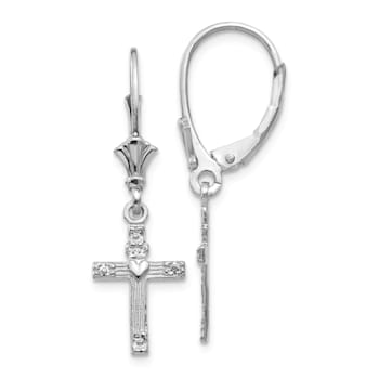 Rhodium Over 14k White Gold Textured Mini Cross with Heart Dangle Earrings