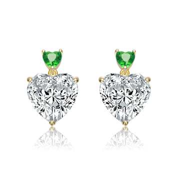 Emerald Color CZ Two-Stone Heart Dangle Earrings In 14K Gold Over
Sterling Silver