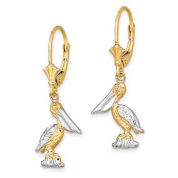 14K Two-tone Gold Textured 3D Standing Pelican Dangle Earrings