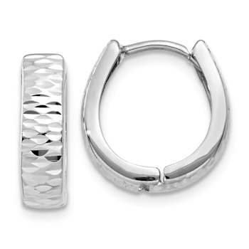 Rhodium Over 14k White Gold 1/2" Textured and Polished Hinged Hoop Earrings