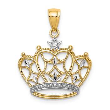 14K Yellow Gold with White Rhodium Diamond-Cut Filigree Crown Pendant