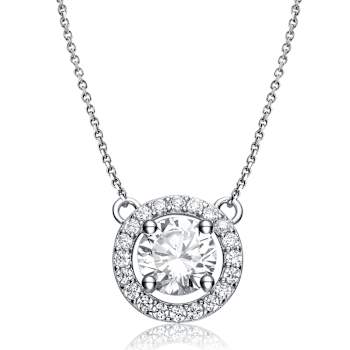 CZ Halo Pendant Necklace In Sterling Silver 16 Inch