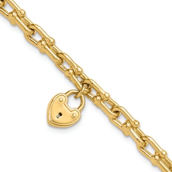 14k Yellow Gold Polished Link with Heart Lock Charm Bracelet