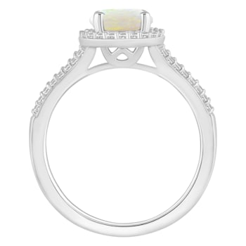 7mm Round Opal 1/4 ctw Diamond Rhodium Over Sterling Silver Halo Ring