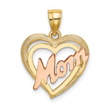14k Two-tone Gold Textured Mom Heart Charm