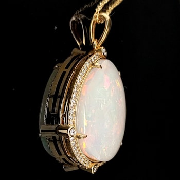 Ethiopian Opal Pudgy Pear Cabochon and Round Diamond 14K Yellow Gold
Pendant with Chain, 17.67ctw