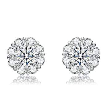 Flower CZ Stud Earrings In Sterling Silver