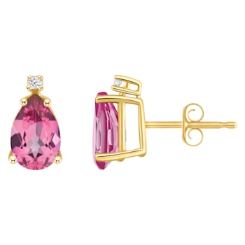 8x5mm Pear Shape Pink Topaz with Diamond Accents 14k Yellow Gold Stud Earrings