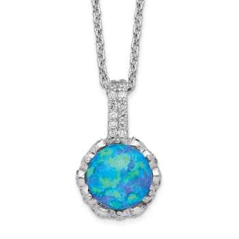 Rhodium Over Sterling Silver Cubic Zirconia and Created Blue Opal Necklace