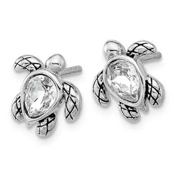 Rhodium Over Sterling Silver Antiqued Crystal April Birthstone Turtle Earrings